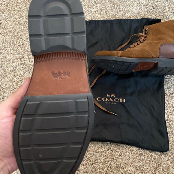 Coach Mens hand stitched boots and drawstring bag.